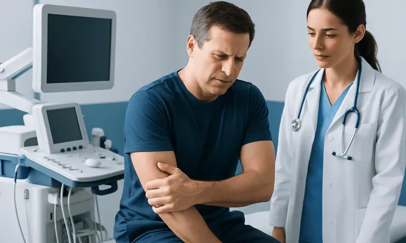Patient experiencing arm pain during medical consultation at Acibadem Hospital.