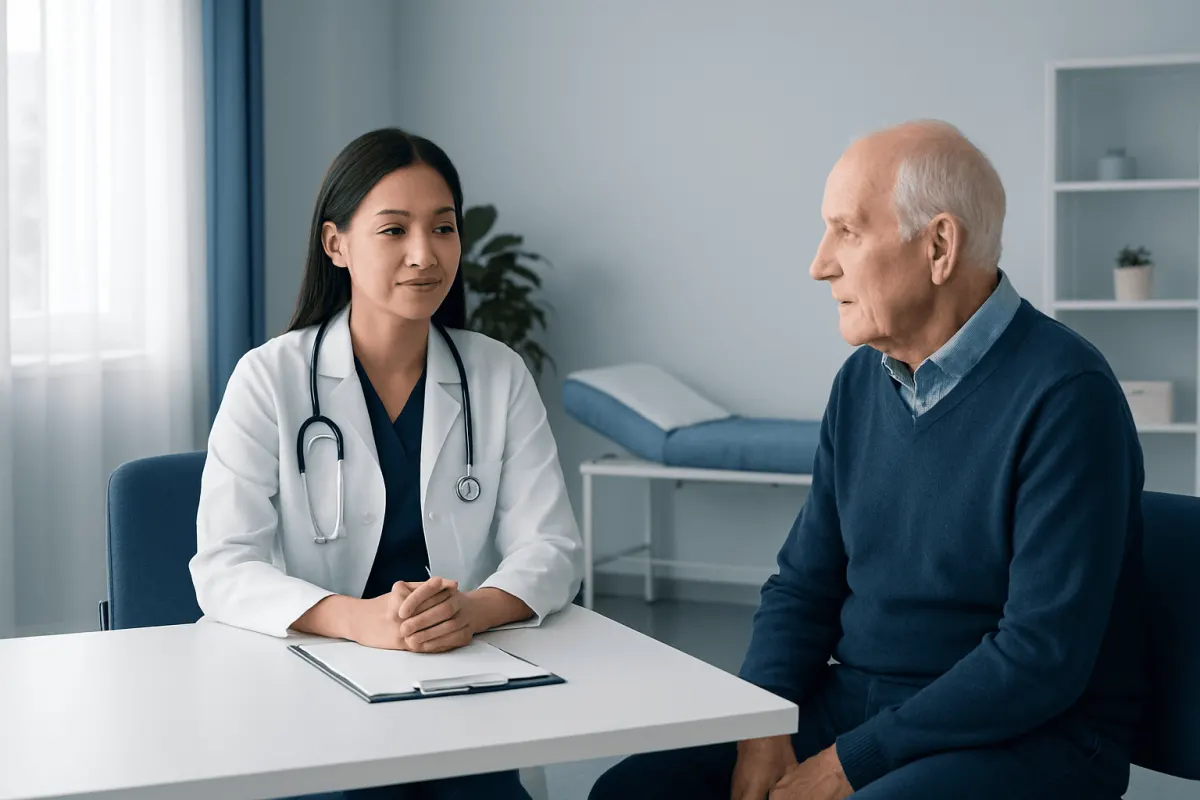 Doctor consulting elderly patient in a modern medical office.