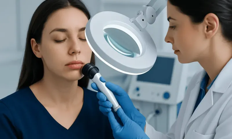 Dermatologist examines a young woman's face with a magnifying glass in a clinical setting.