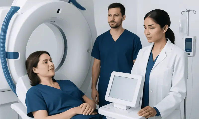 Medical professionals preparing for a CT scan in a hospital setting.