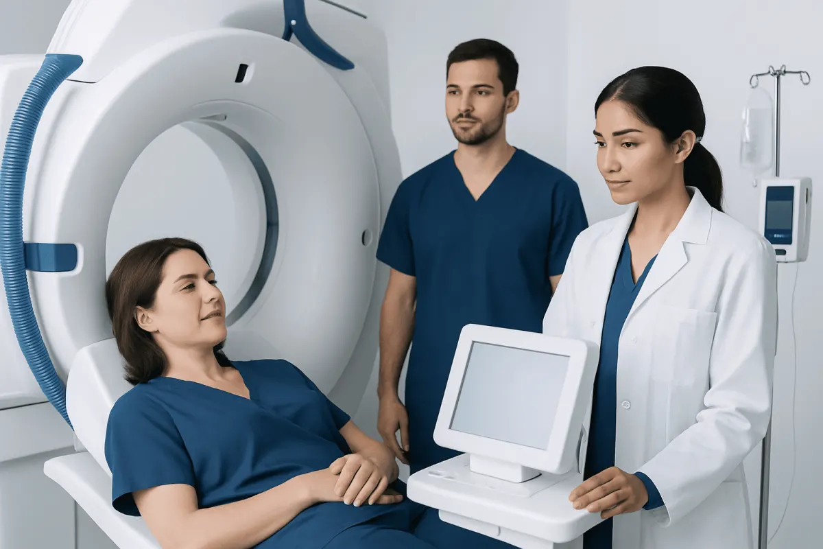Medical professionals preparing for a CT scan in a hospital setting.