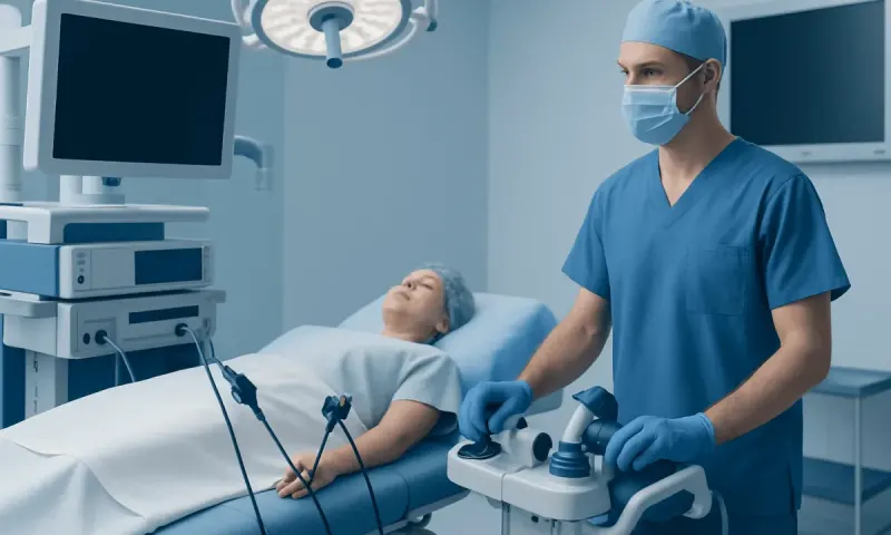 Surgeon preparing for a procedure in a modern hospital operating room.