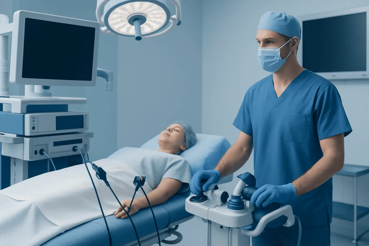 Surgeon preparing for a procedure in a modern hospital operating room.
