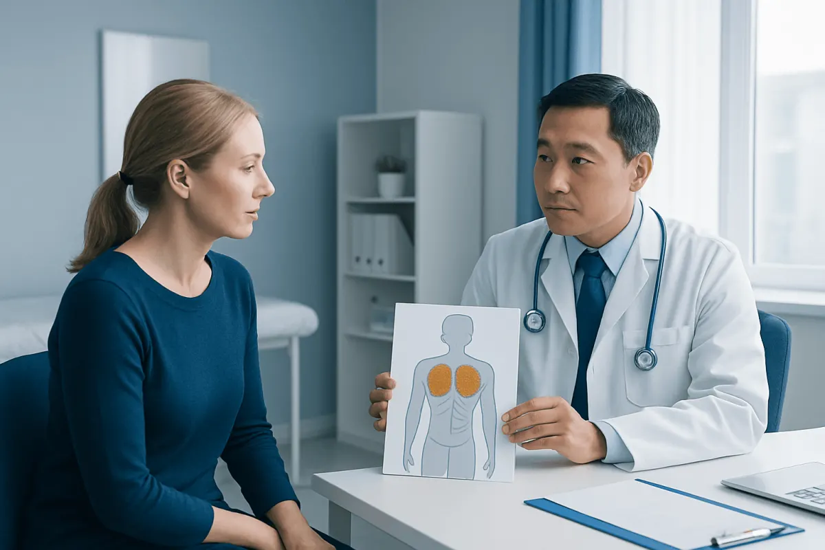 Doctor explaining brown fat to a patient in a medical consultation.