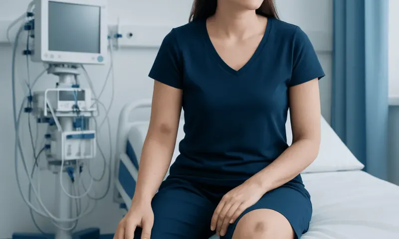 Woman in hospital gown sitting on bed with medical equipment nearby.