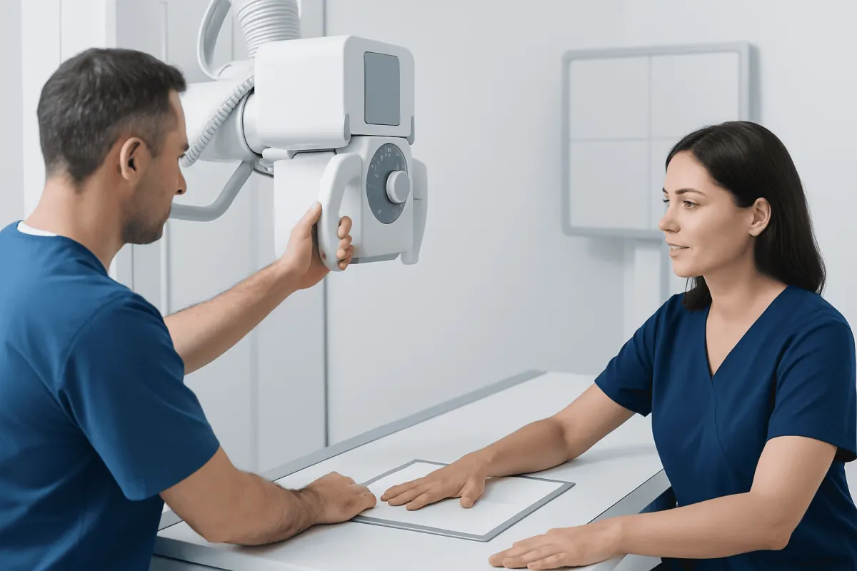 Medical professional taking a hand X-ray in a hospital setting.