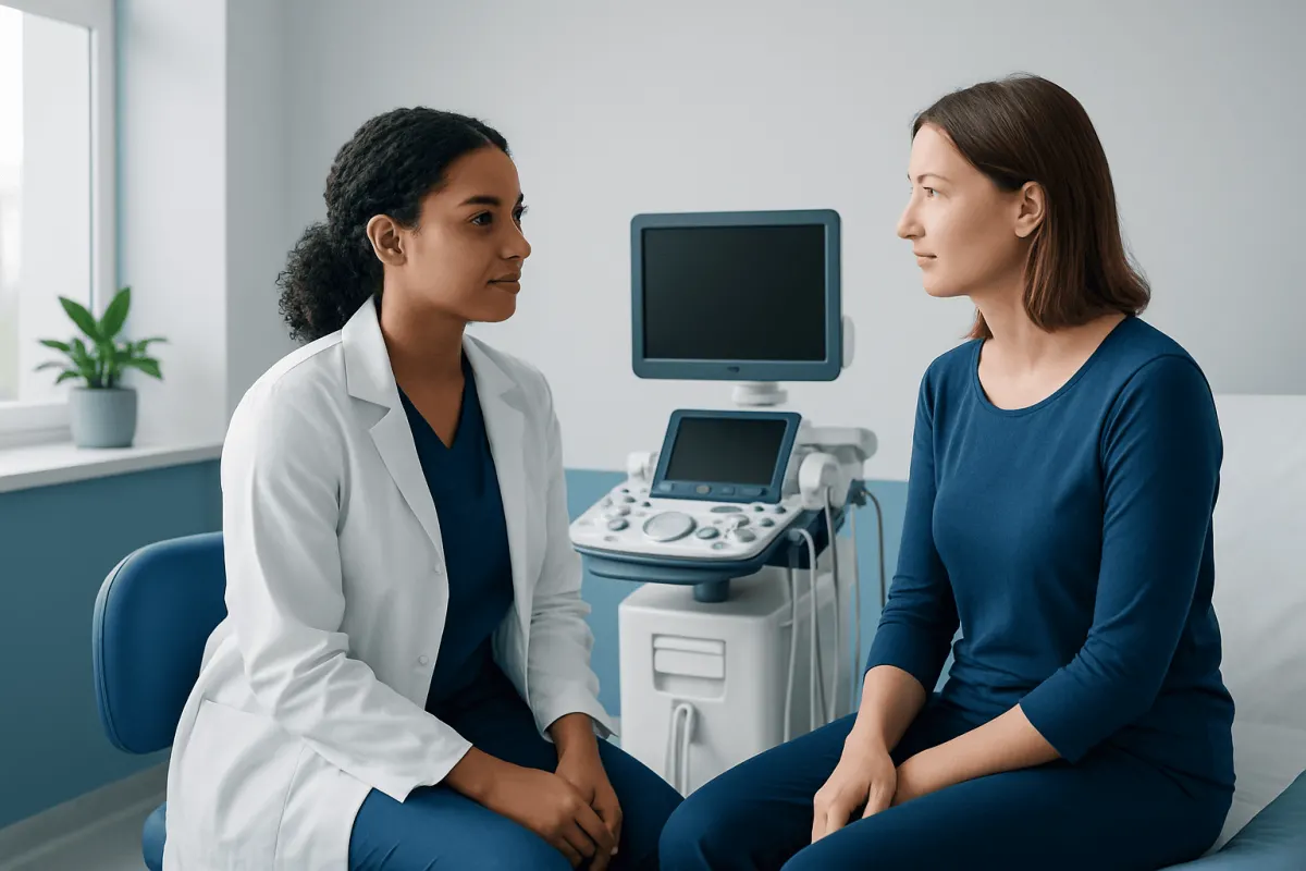 Doctor consulting patient in a medical examination room with ultrasound equipment.