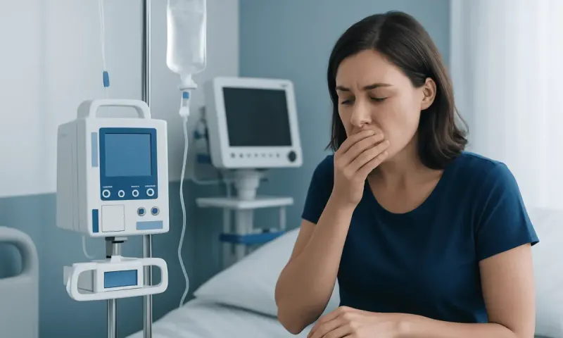 Woman feeling nauseous in hospital bed with medical equipment nearby.