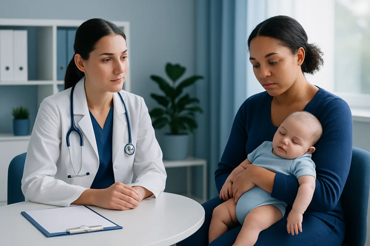 Pediatric consultation with a doctor and mother holding a baby in a clinic.