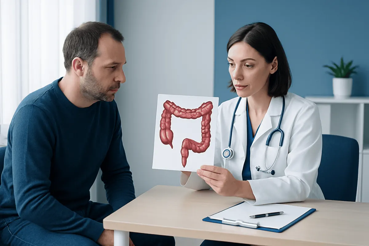Doctor explaining colon anatomy to patient with colon diagram.
