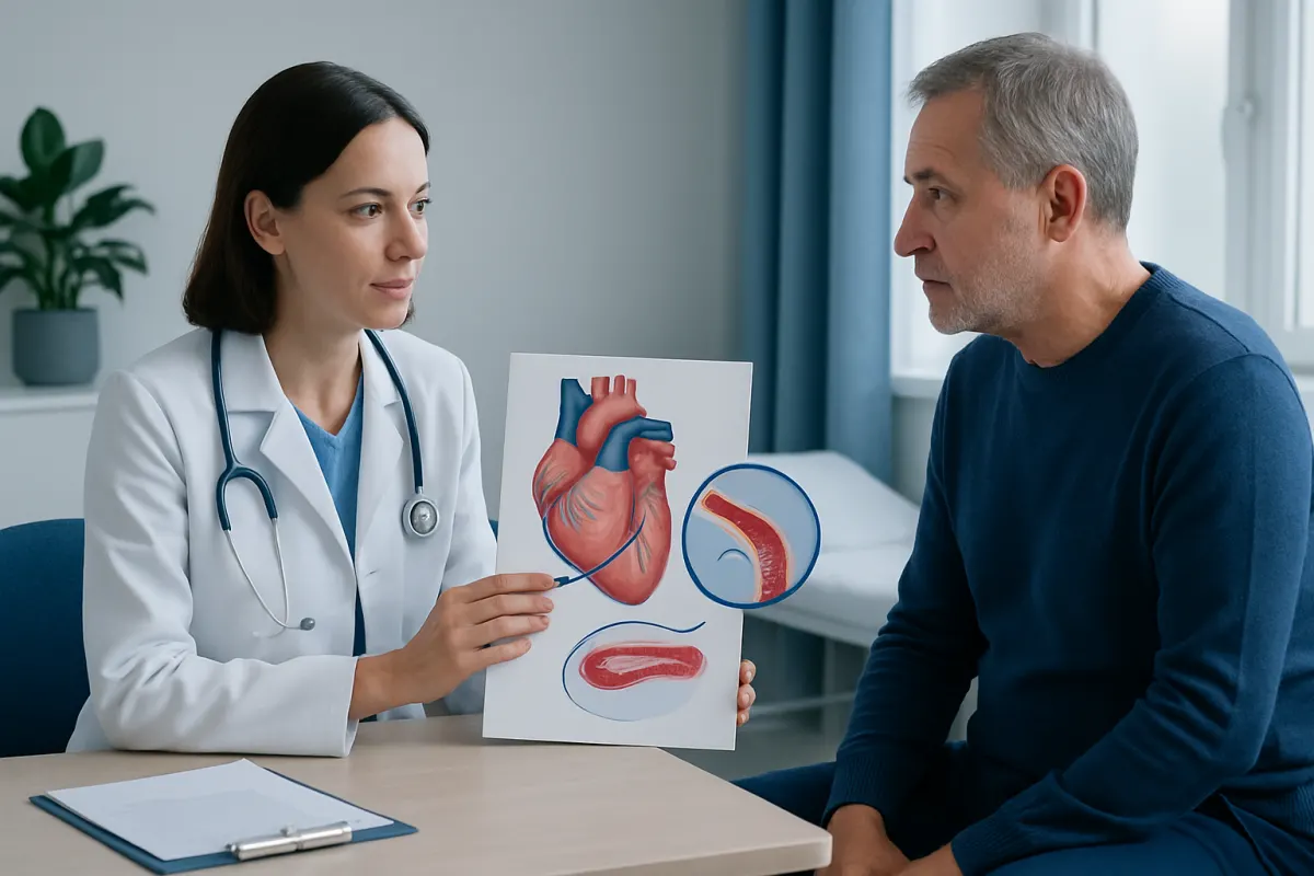 Cardiologist explains heart anatomy to patient with heart model and diagram.