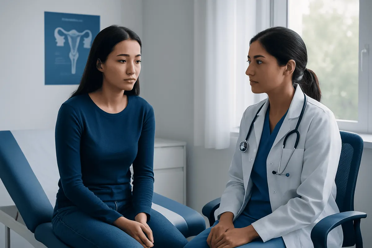 Doctor consulting with a young woman in a medical office.