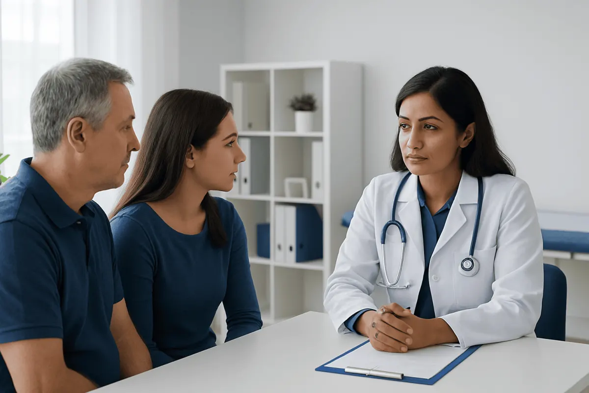 Doctor consulting with a male and female patient in a medical office.