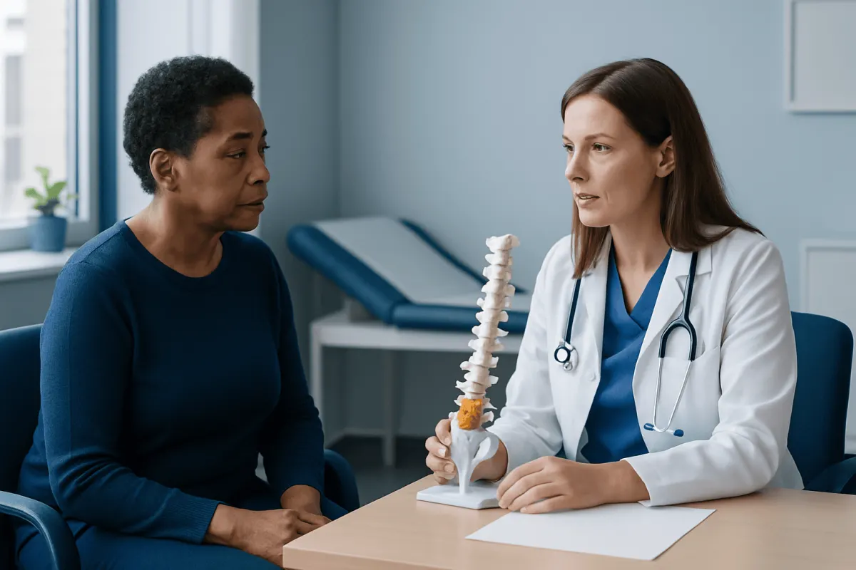 Doctor explaining spine health to a patient with spine model in a medical office.