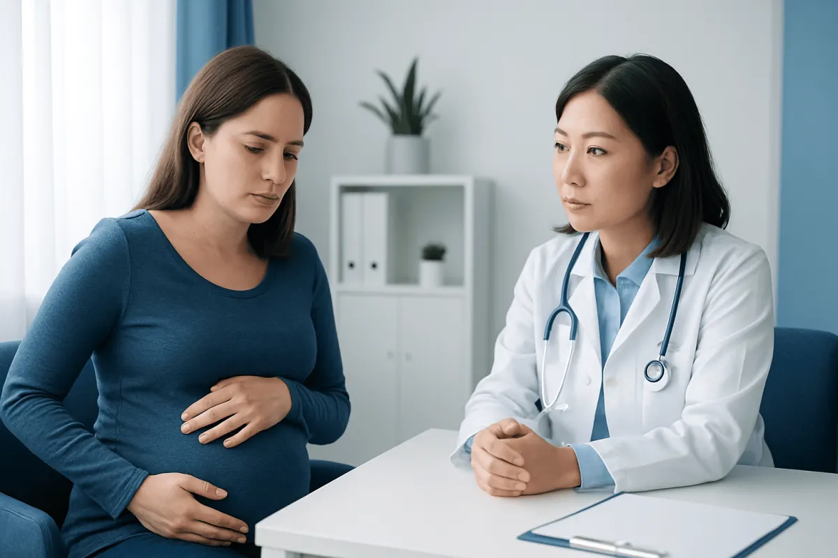 Pregnant woman consulting with doctor about pregnancy symptoms at clinic.