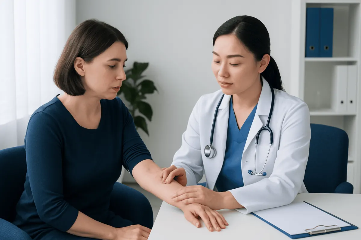 Doctor examining patient's skin for signs of rash or skin issues.