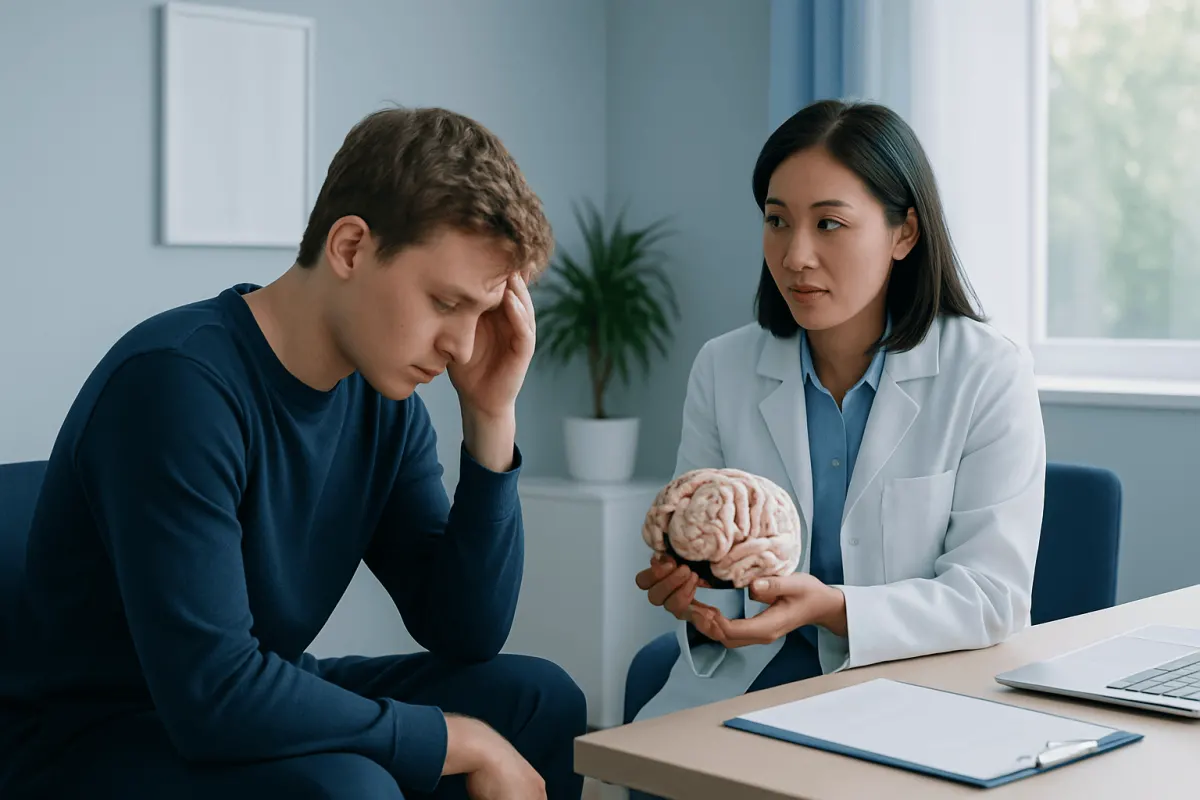 Doctor explaining brain health to a young man with headache symptoms.