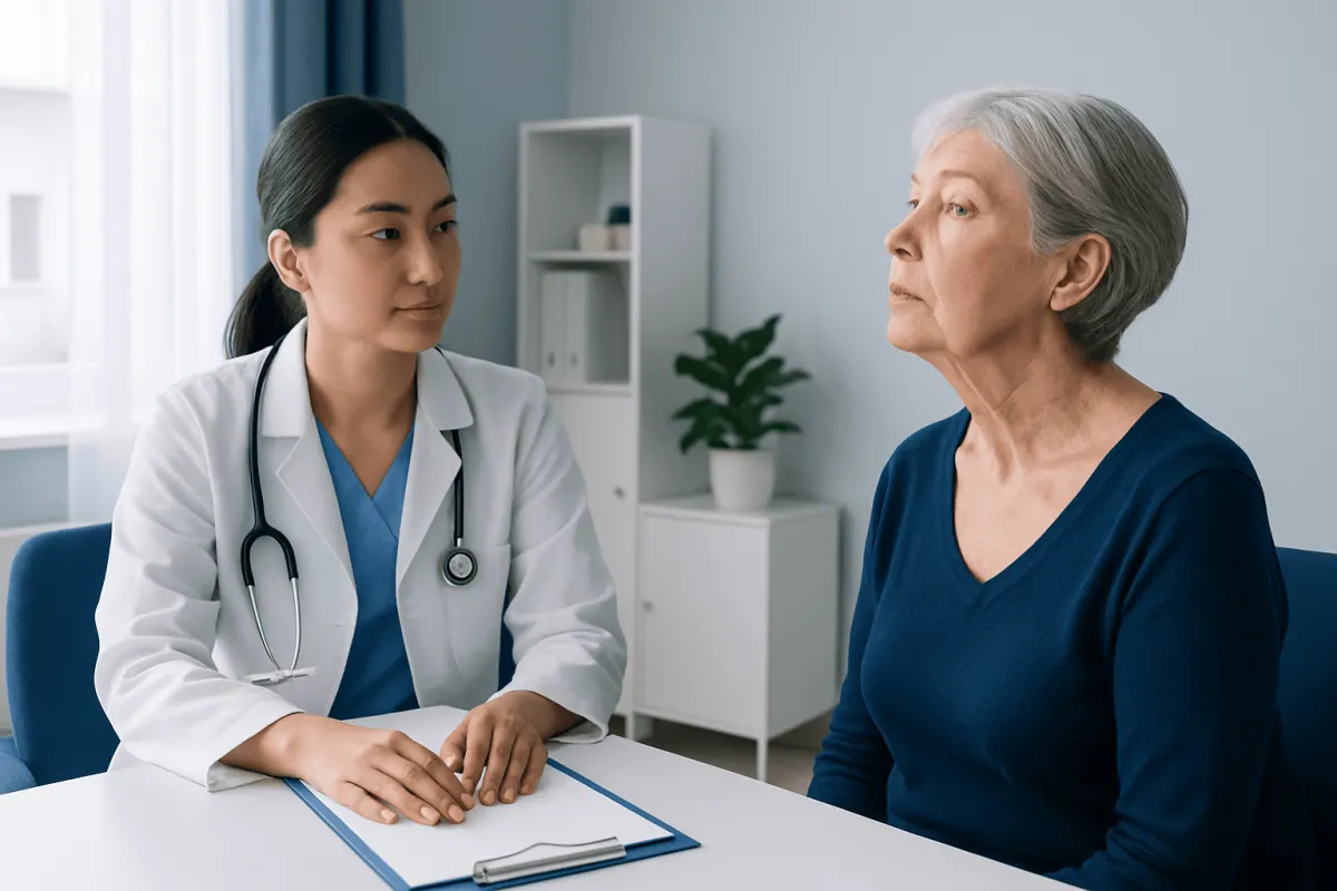 Doctor consulting with an elderly woman about neck health and aging.