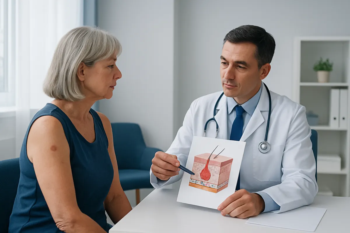 Doctor explaining skin cancer to an elderly woman with skin diagram.