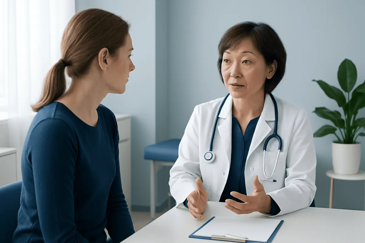 Doctor consulting patient about skin conditions in a clinic setting.