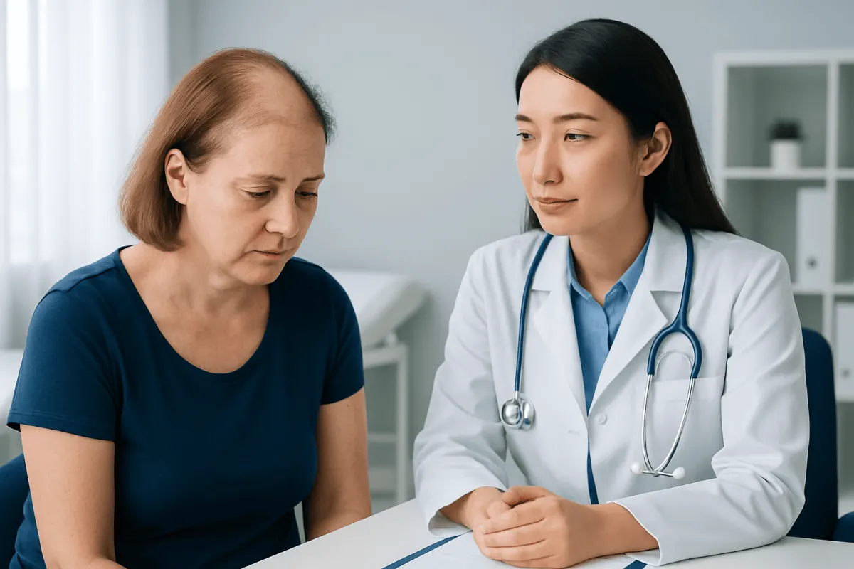 Doctor consulting with a female patient about hair loss treatment options.