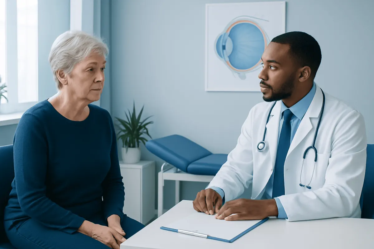 Ophthalmologist consulting with elderly female patient in clinic.