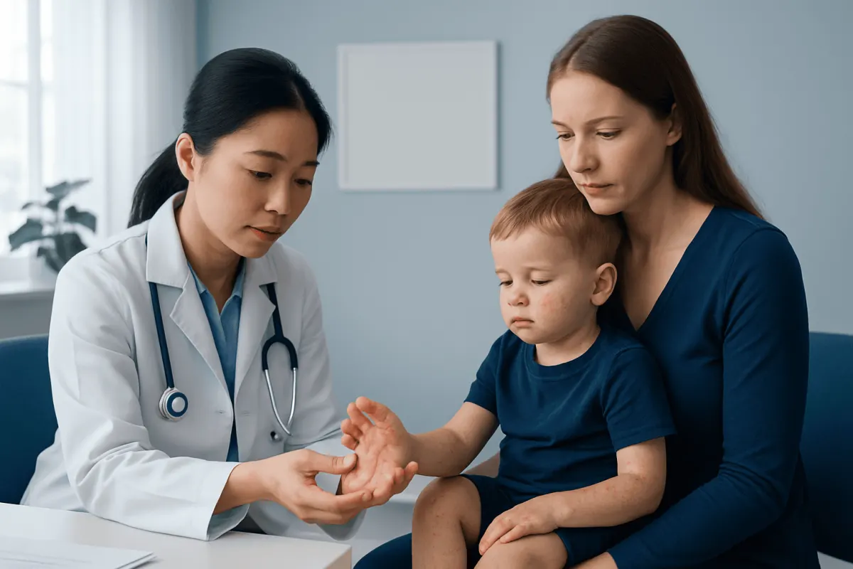Doctor examining child's hand during medical consultation at hospital.