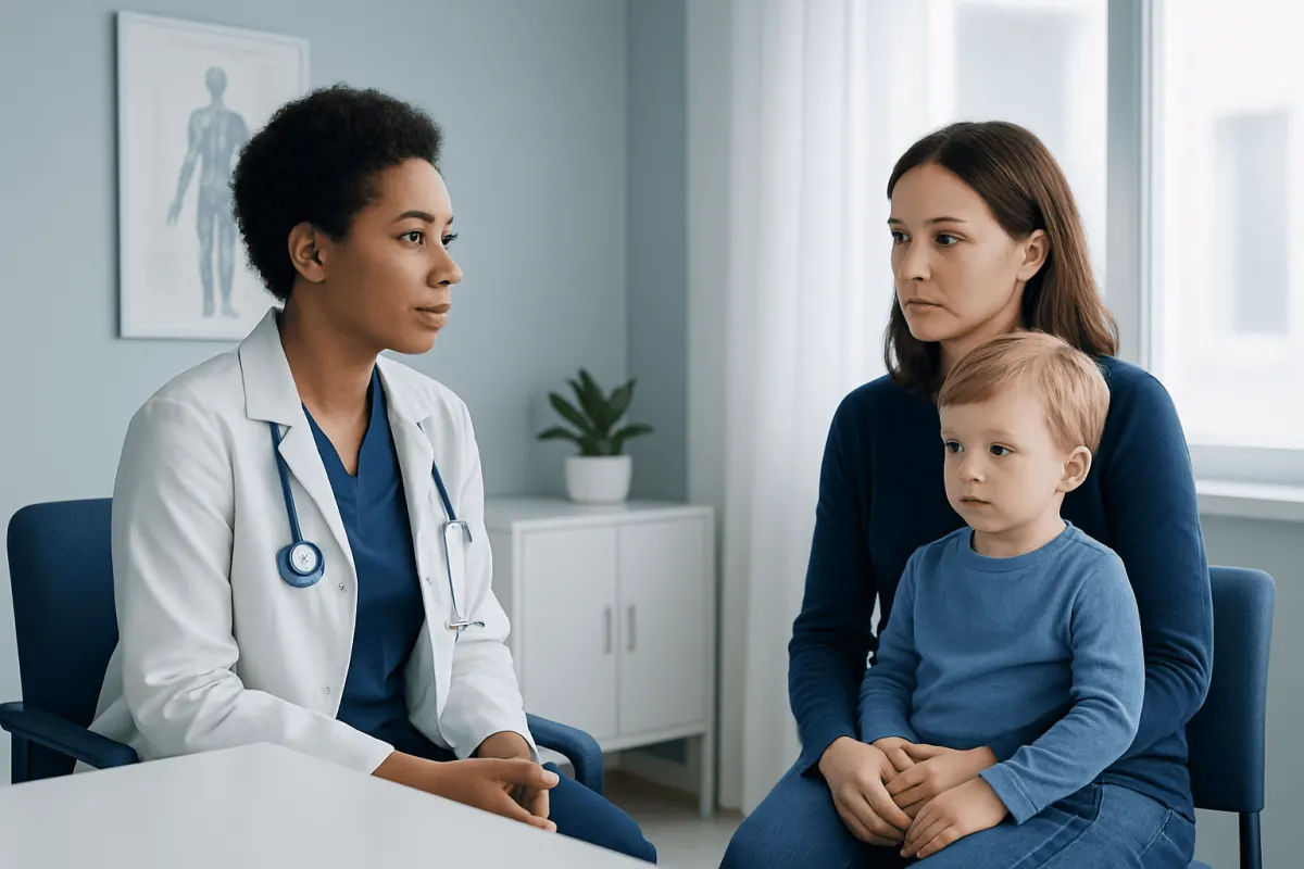 Doctor consulting with mother and child in a medical office.