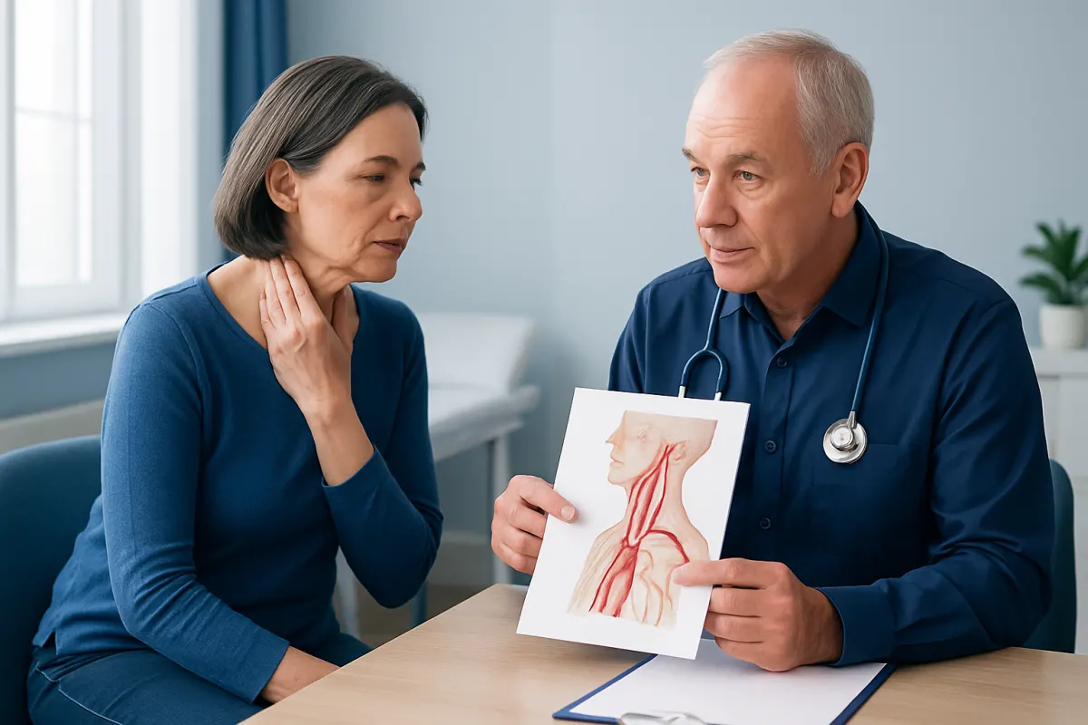 Doctor explaining neck artery diagram to a patient in a consultation room.