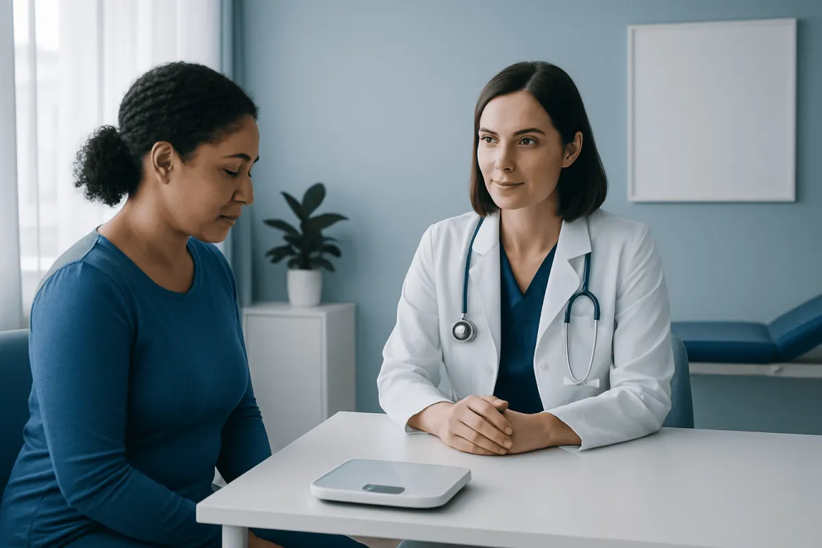 Doctor consulting with patient in a medical office setting.