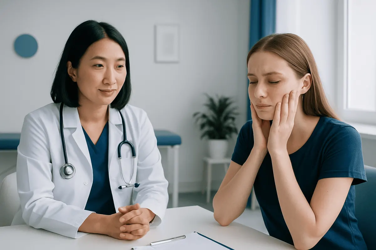 Doctor consulting with a young woman with skin discomfort in a clinic.
