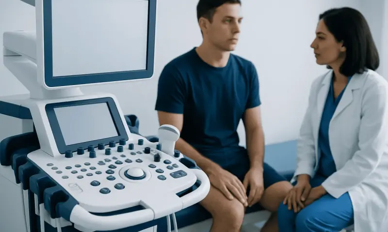 Urologist consulting male patient with ultrasound equipment in clinic.