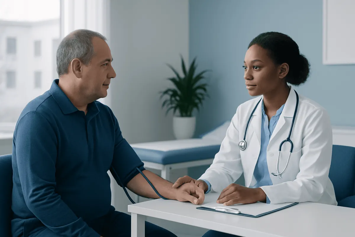 Doctor measuring patient's blood pressure in a clinical setting.