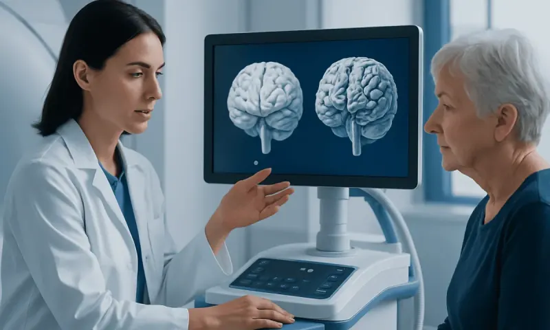Doctor explaining brain scans to an elderly patient in a medical office.
