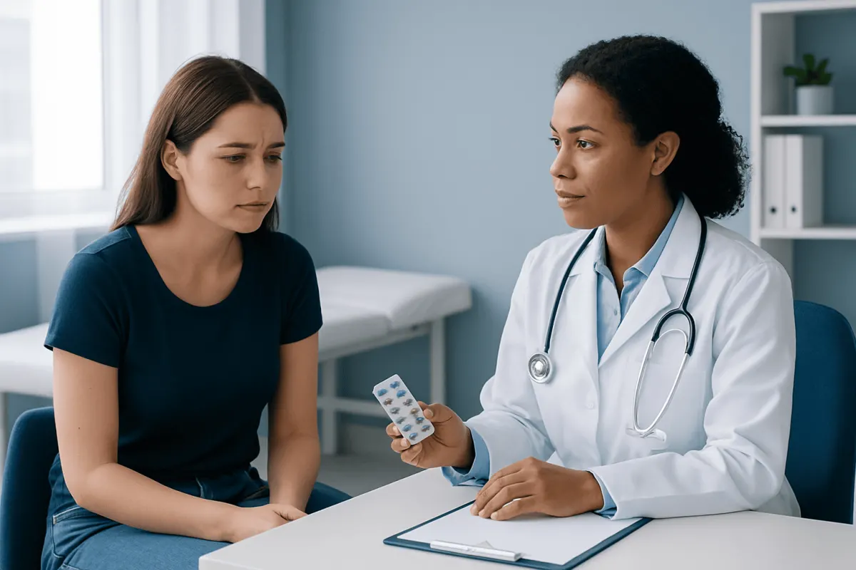 Doctor explaining birth control options to a patient in a clinic setting.