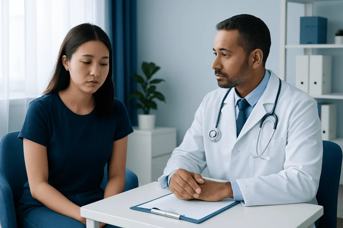 Doctor consulting with a young woman in a medical office setting.