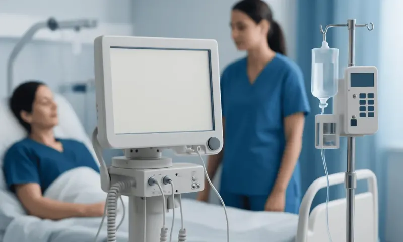 Hospital room with patient and nurse, medical monitor and IV stand.