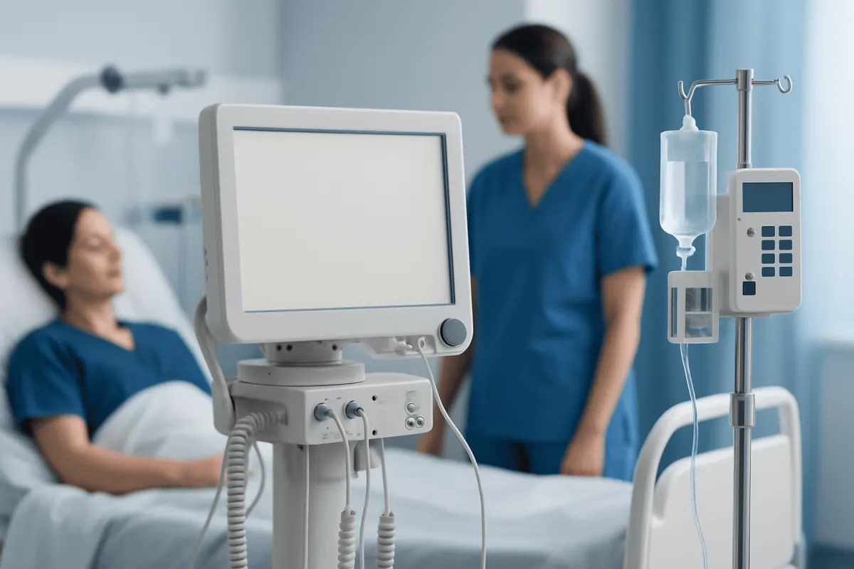Hospital room with patient and nurse, medical monitor and IV stand.