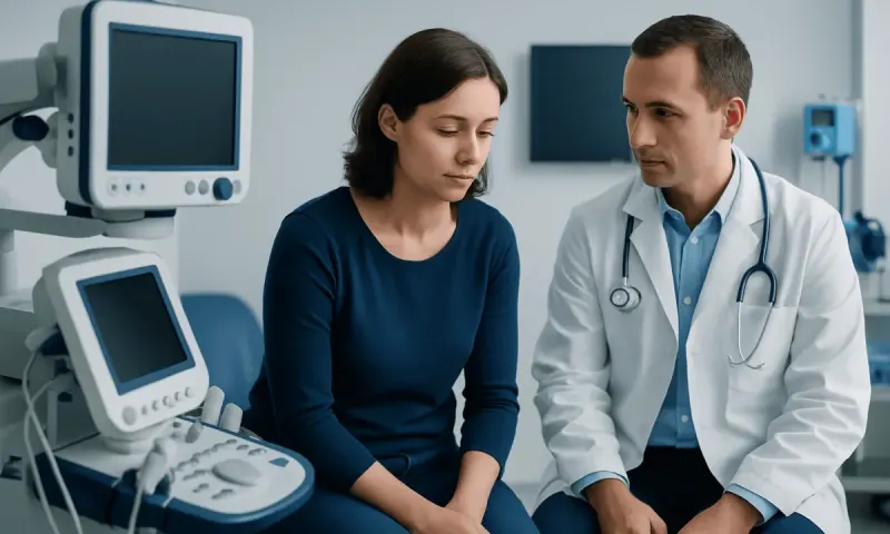 Doctor consulting female patient in a medical examination room.