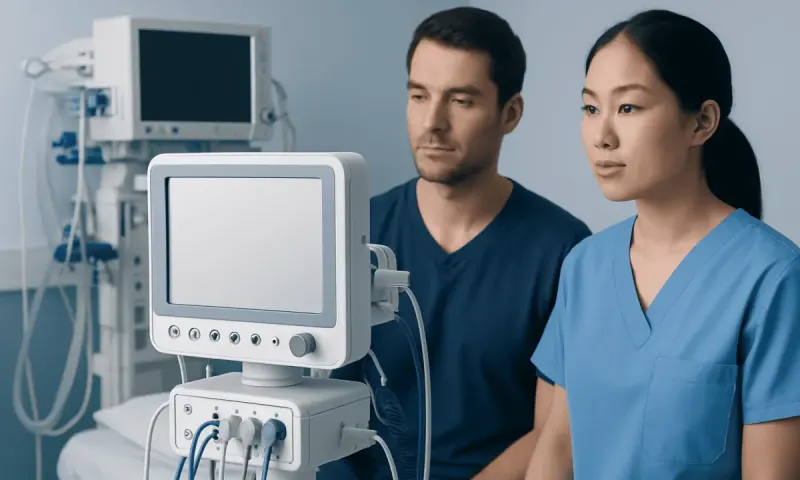 Medical professionals using a patient monitor in a hospital setting.