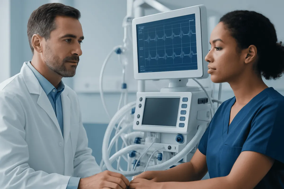 Doctor and nurse monitoring patient with medical equipment in hospital.