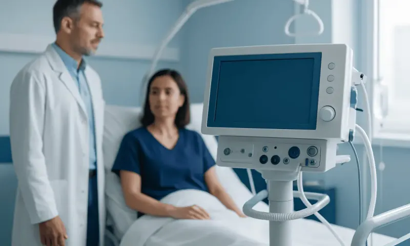Doctor and patient in hospital room with medical monitor.