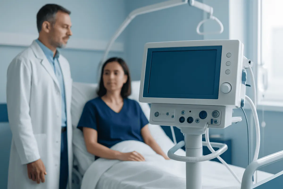 Doctor and patient in hospital room with medical monitor.