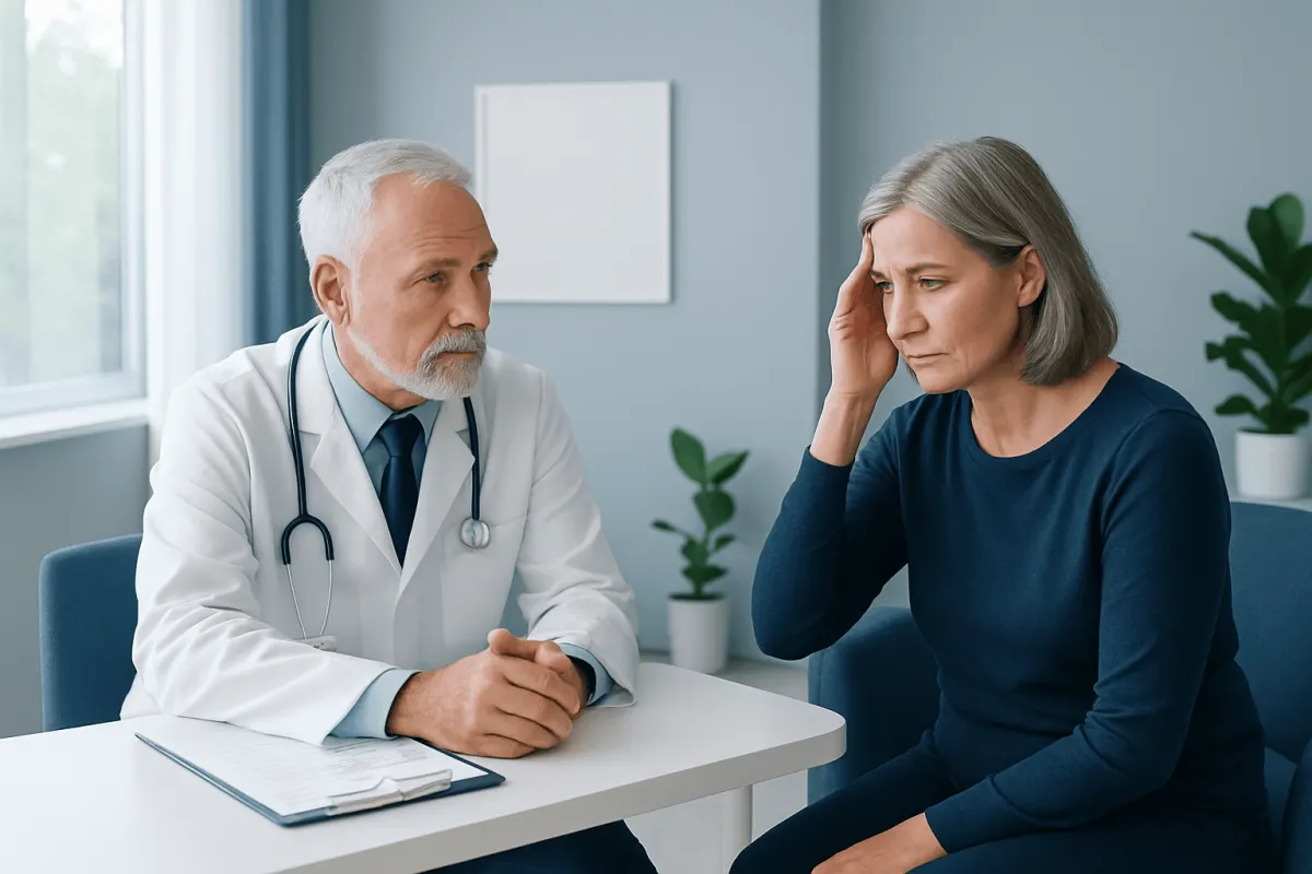 Doctor consulting with a middle-aged woman in a medical office setting.