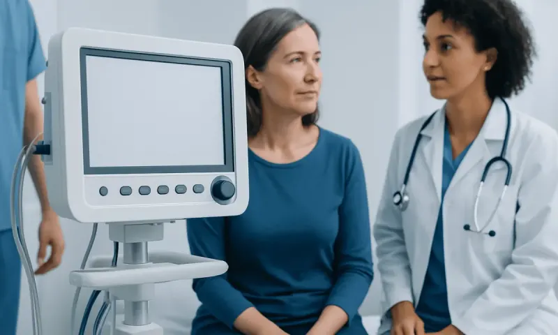 Doctor consulting with a middle-aged woman in a medical office.