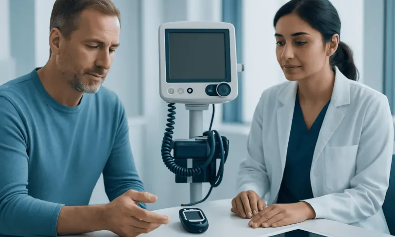 Doctor and patient discussing blood sugar monitor in clinic setting.