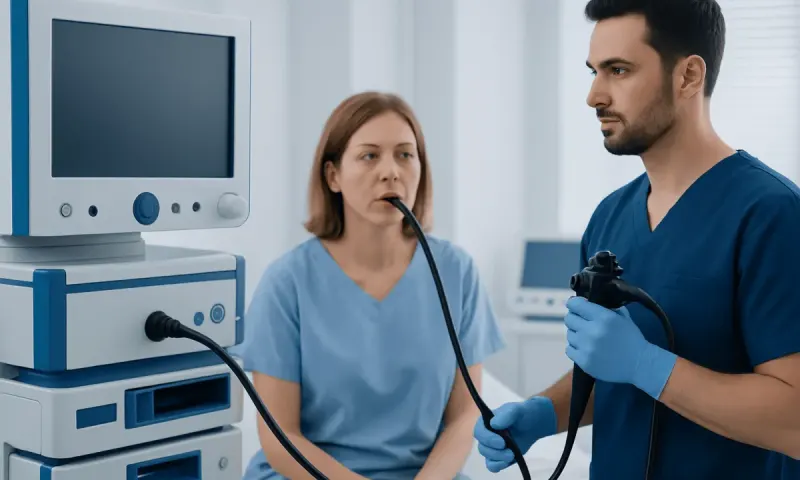Medical professionals performing a diagnostic test with endoscopy equipment.