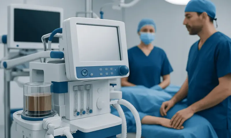 Medical ventilator in operating room with surgeons in background.