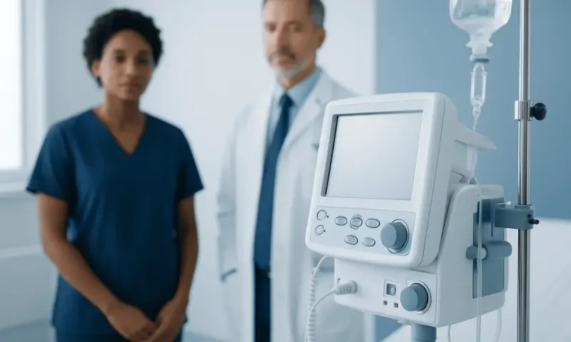 Medical professionals with ventilator in hospital setting.