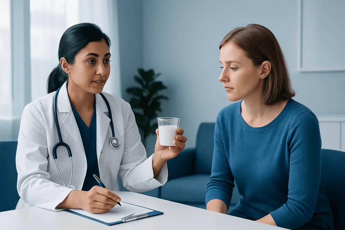 Doctor explaining yogurt benefits to patient in a clinical setting.